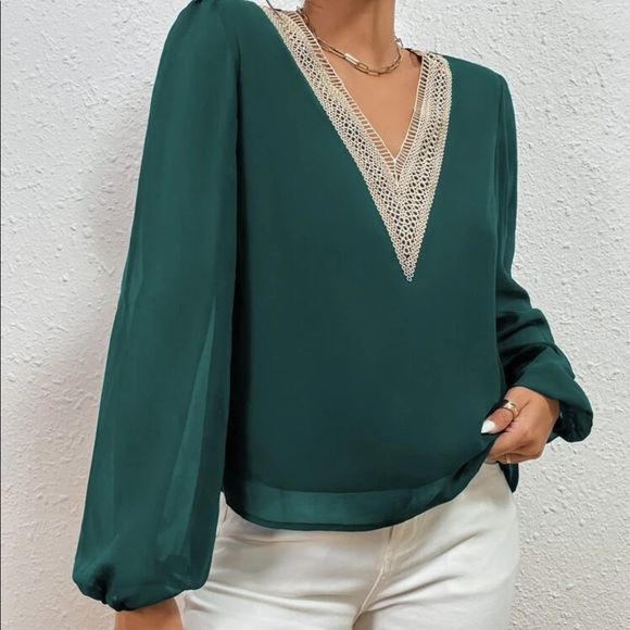 Classic navy blue  lace V neck blouse - Picture 6 of 15